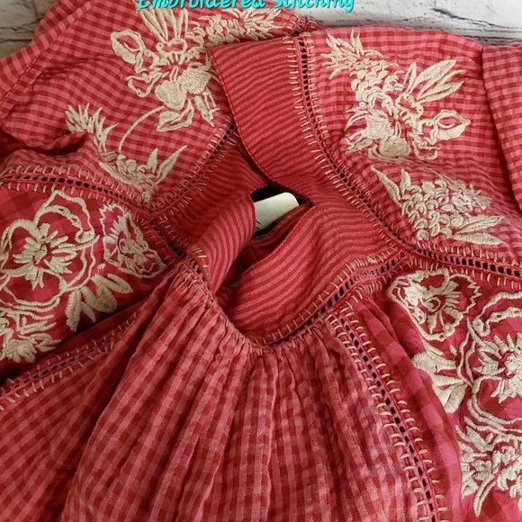 'FREE PEOPLE' 'BEĹĹA' EMBROIDED SQUARE-NECK PEASANT TOP FLUTTER-SLEEVE GINGHAM - Picture 8 of 16